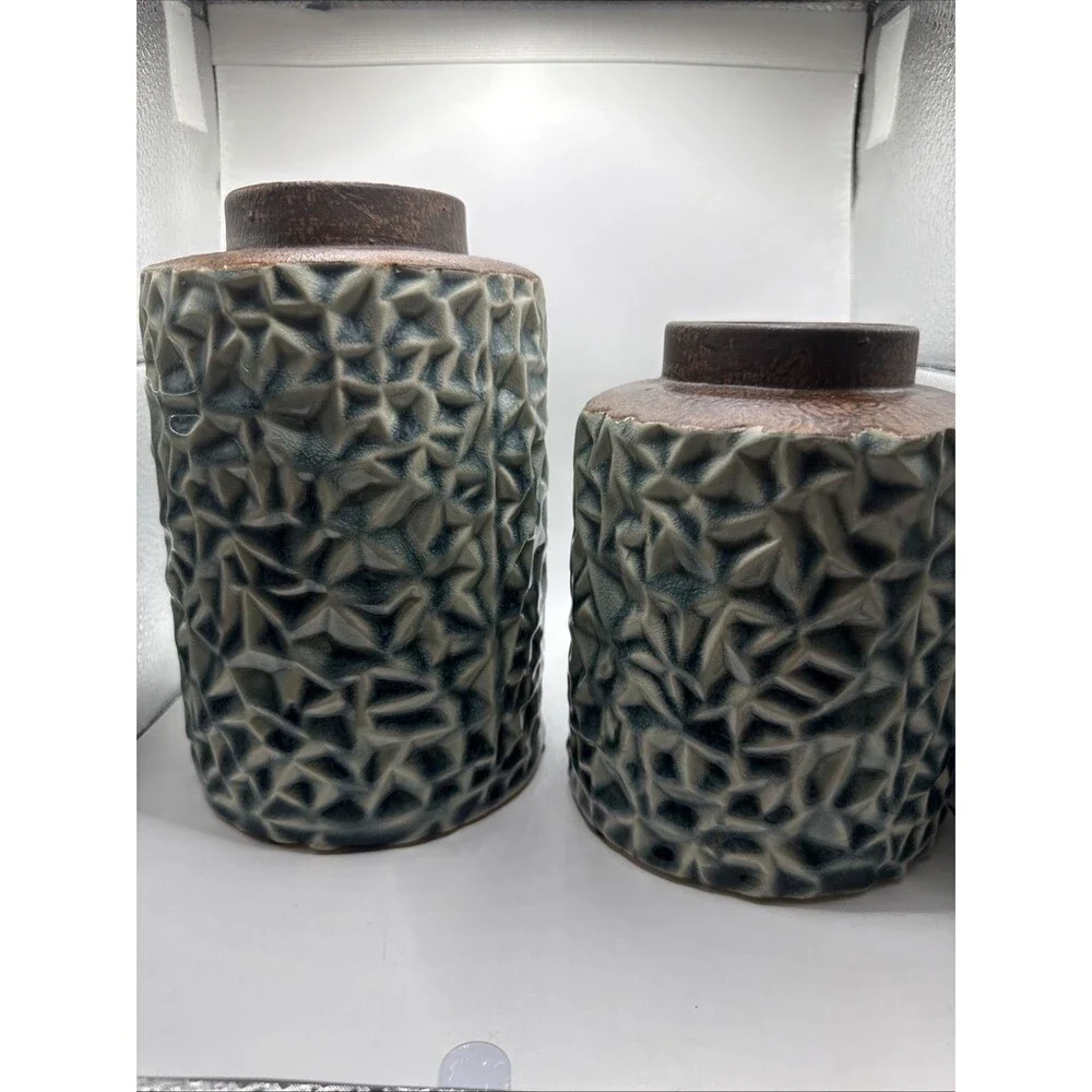 Set Of 2 Textured Blue And White Vases 6” And 8”Tall By 5” Diameter